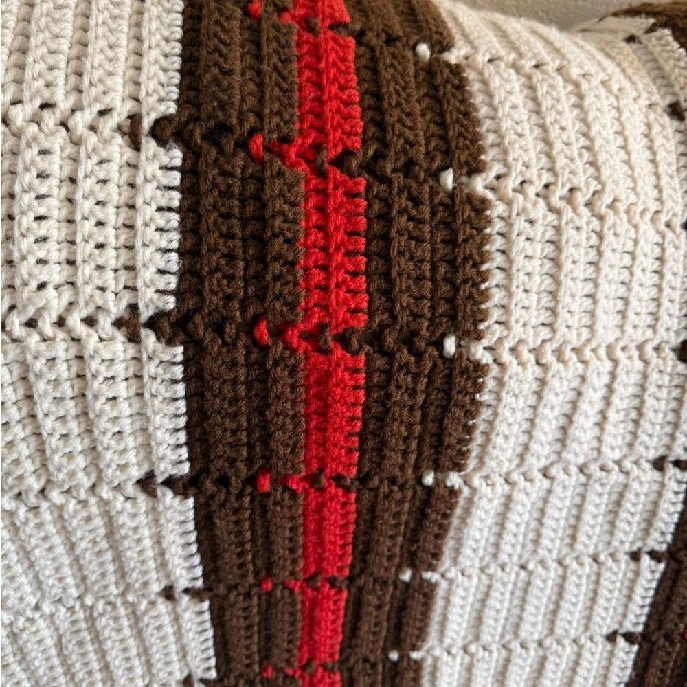 Vintage Hand Made Crocheted Afghan Red and Brown Striped Retro Throw Blanket